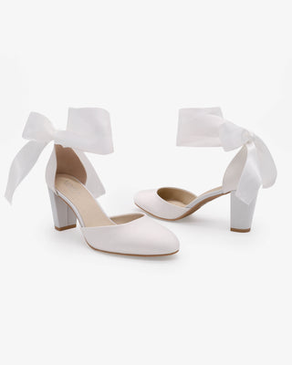 White Satin Wedding Block Heel with Wrapped Ankle Tie