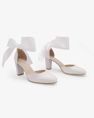 White Satin Wedding Block Heel with Wrapped Ankle Tie