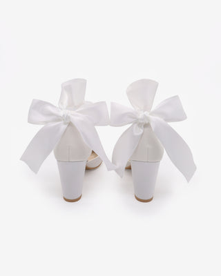 White Satin Wedding Block Heel with Wrapped Ankle Tie