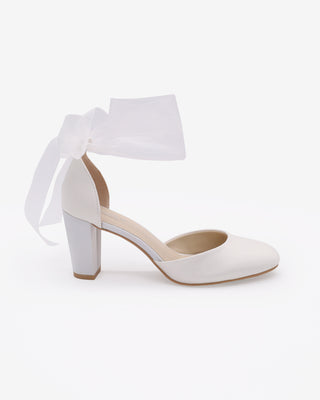 White Satin Wedding Block Heel with Wrapped Sheer Ankle Tie