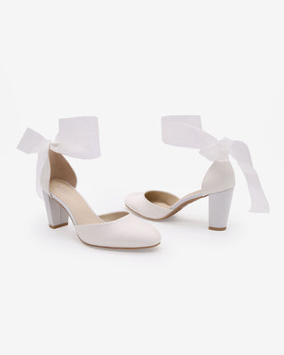 White Satin Wedding Block Heel with Wrapped Sheer Ankle Tie
