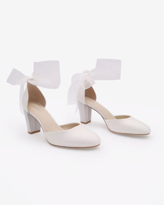 White Satin Wedding Block Heel with Wrapped Sheer Ankle Tie