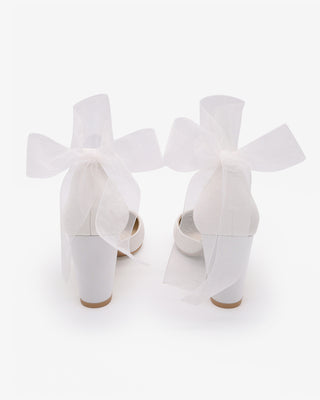 White Satin Wedding Block Heel with Wrapped Sheer Ankle Tie