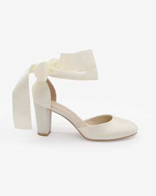 Ivory Satin Wedding Block Heel with Wrapped Ankle Tie