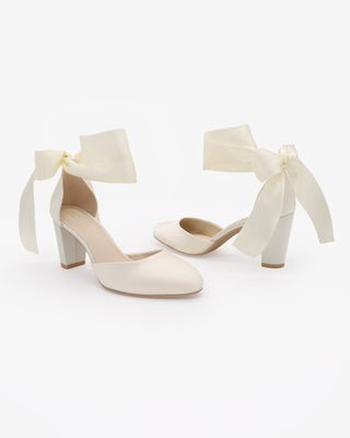Ivory Satin Wedding Block Heel with Wrapped Ankle Tie