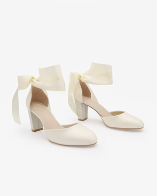 Ivory Satin Wedding Block Heel with Wrapped Ankle Tie