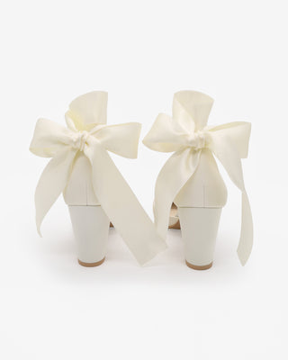 Ivory Satin Wedding Block Heel with Wrapped Ankle Tie