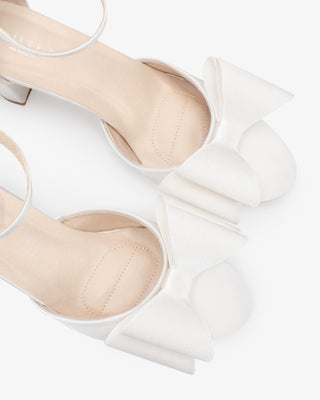 White Satin Wedding Block Heel with Front Tuxie Bow and Removable Ankle Strap, Bridal Shoes