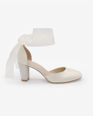 Ivory Satin Wedding Block Heel with Wrapped Ankle Tie