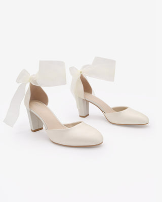 Ivory Satin Wedding Block Heel with Wrapped Ankle Tie