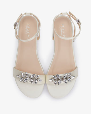 Ivory Girls Satin Flat Sandal with Butterfly Brooch and Ankle Strap, Flower Girl Shoes