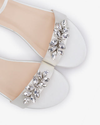 White Satin Flat Sandal with Butterfly Brooch and Ankle Strap