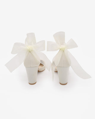 Ivory Satin Wedding Block Heel with Wrapped Ankle Tie