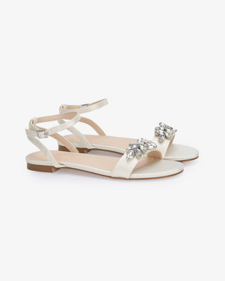 Ivory Girls Satin Flat Sandal with Butterfly Brooch and Ankle Strap, Flower Girl Shoes
