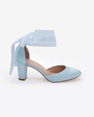 Light Blue Satin Wedding Block Heel with Wrapped Satin Tie