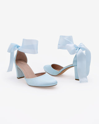 Light Blue Satin Wedding Block Heel with Wrapped Satin Tie
