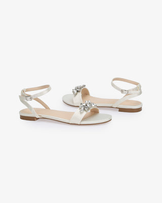 Ivory Girls Satin Flat Sandal with Butterfly Brooch and Ankle Strap, Flower Girl Shoes