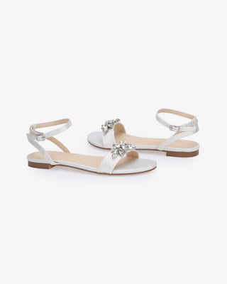 White Satin Flat Sandal with Butterfly Brooch and Ankle Strap