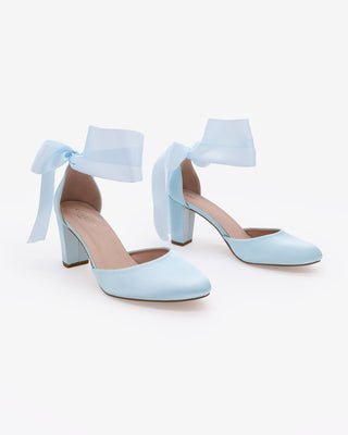 Light Blue Satin Wedding Block Heel with Wrapped Satin Tie