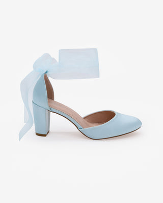 Light Blue Satin Wedding Block Heel with Wrapped Satin Tie