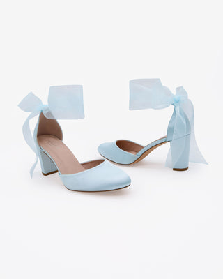 Light Blue Satin Wedding Block Heel with Wrapped Satin Tie