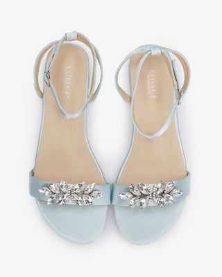 Light Blue Girls Satin Flat Sandal with Butterfly Brooch and Ankle Strap, Flower Girl Shoes