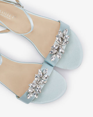 Light Blue Girls Satin Flat Sandal with Butterfly Brooch and Ankle Strap, Flower Girl Shoes
