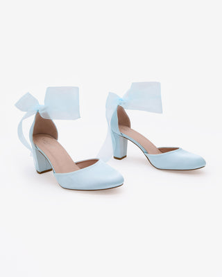 Light Blue Satin Wedding Block Heel with Wrapped Satin Tie