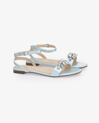 Light Blue Girls Satin Flat Sandal with Butterfly Brooch and Ankle Strap, Flower Girl Shoes
