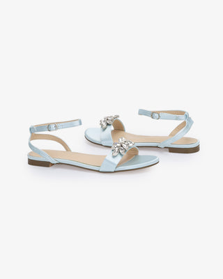 Light Blue Girls Satin Flat Sandal with Butterfly Brooch and Ankle Strap, Flower Girl Shoes