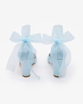 Light Blue Satin Wedding Block Heel with Wrapped Satin Tie