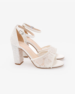Crochet Lace Block Heel Sandals with Mini Pearls