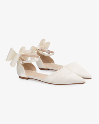 Ivory Satin Pointy Toe Wedding Flats with Back Tuxie Bow