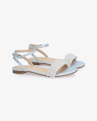 Light Blue Girls Satin Evening Flat Sandal with Perla Applique, Flower Girls Shoes