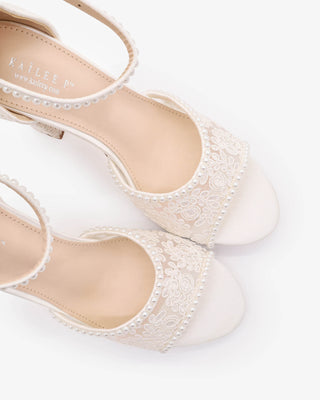 White Crochet Lace Block Heel Sandals with Mini Pearls