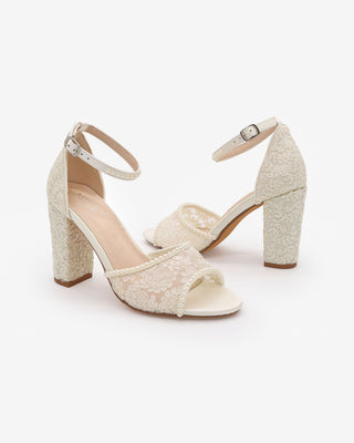Ivory Crochet Lace Block Heel Sandals with Mini Pearls