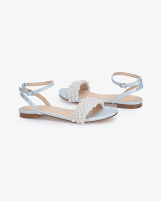 Light Blue Girls Satin Evening Flat Sandal with Perla Applique, Flower Girls Shoes