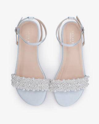 Light Blue Girls Satin Evening Flat Sandal with Perla Applique, Flower Girls Shoes