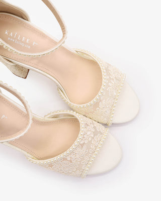 Ivory Crochet Lace Block Heel Sandals with Mini Pearls