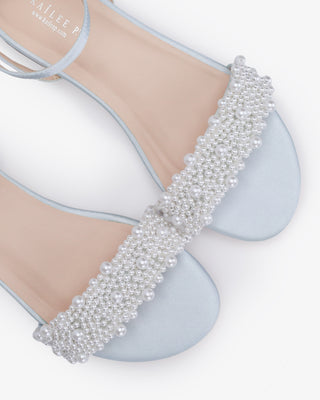 Light Blue Girls Satin Evening Flat Sandal with Perla Applique, Flower Girls Shoes