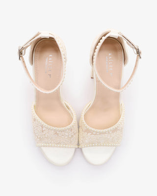 Ivory Crochet Lace Block Heel Sandals with Mini Pearls