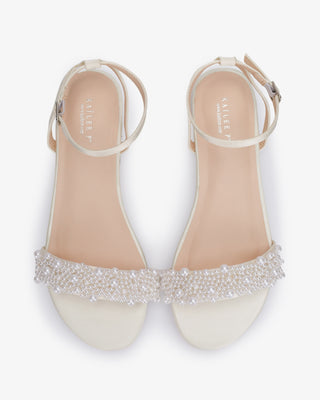 Ivory Girls Satin Evening Flat Sandal with Perla Applique, Flower Girls Shoes