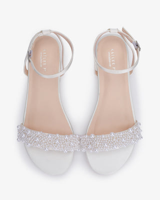 White Girls Satin Evening Flat Sandal with Perla Applique, Flower Girls Shoes
