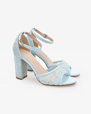 Light Blue Crochet Lace Block Heel Wedding Sandals with ankle strap