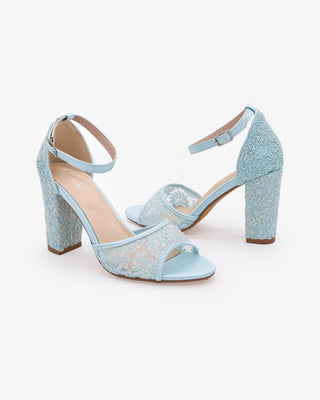 Light Blue Crochet Lace Block Heel Wedding Sandals with ankle strap
