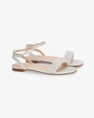 Ivory Girls Satin Evening Flat Sandal with Perla Applique, Flower Girls Shoes