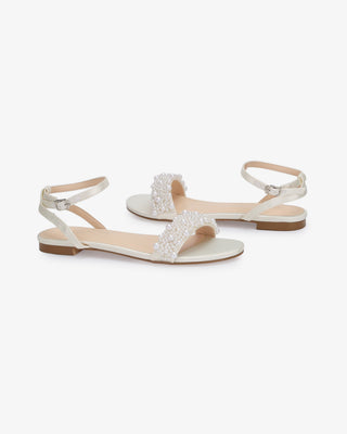 Ivory Girls Satin Evening Flat Sandal with Perla Applique, Flower Girls Shoes
