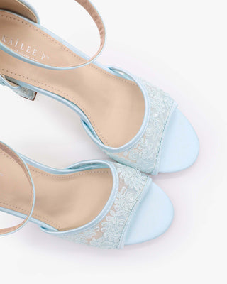 Light Blue Crochet Lace Block Heel Wedding Sandals with ankle strap