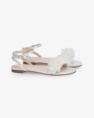 White Satin Flat Sandal with Chiffon Flowers and Ankle Strap, Flower Girl Shoes