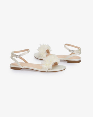 Satin Flat Sandal with Chiffon Flowers and Ankle StrapWomen Shoes